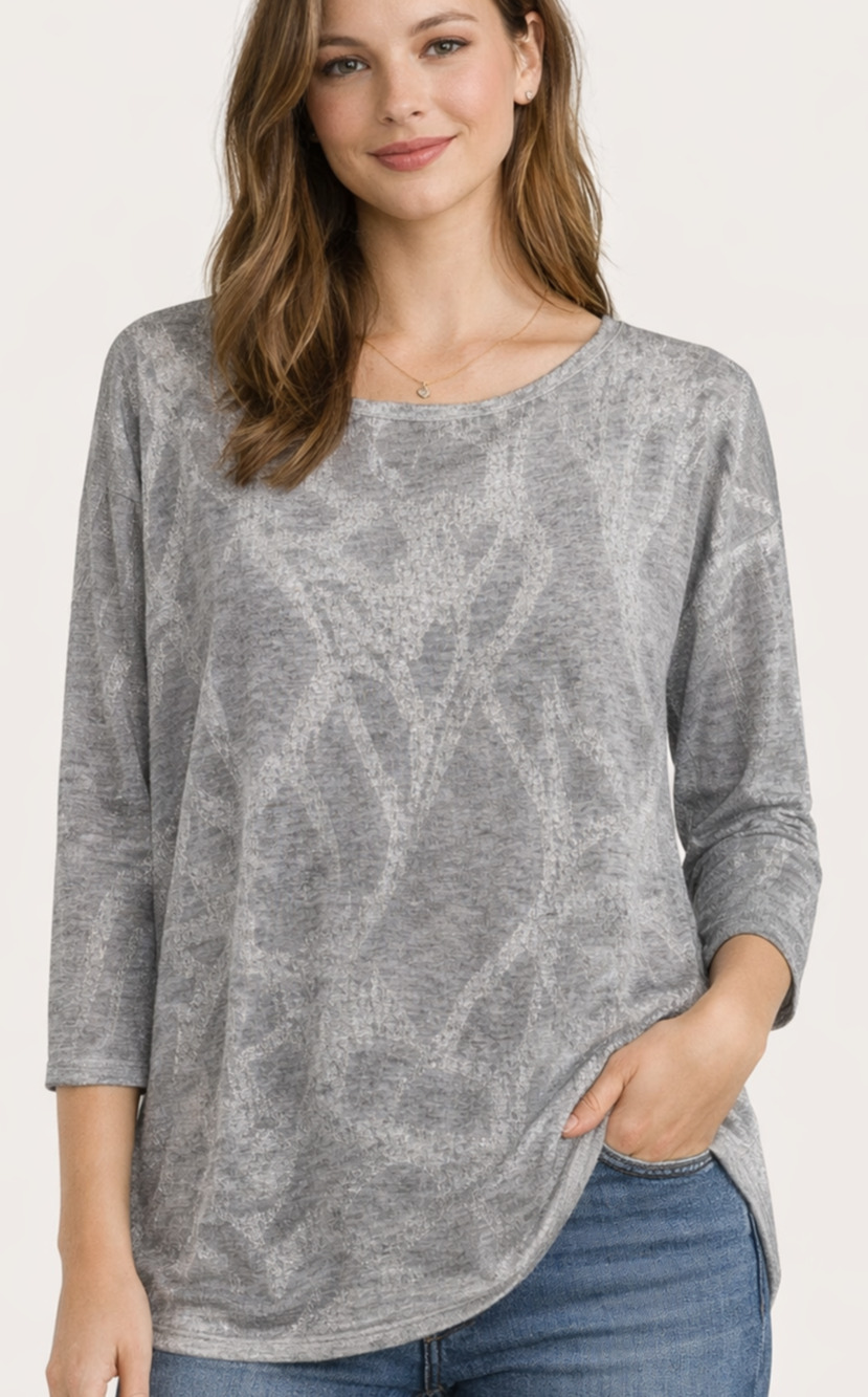 WHBM Silver Metallic Top Women's Small 3/4 Sleeve Sheer Knit Gray Resort Casual